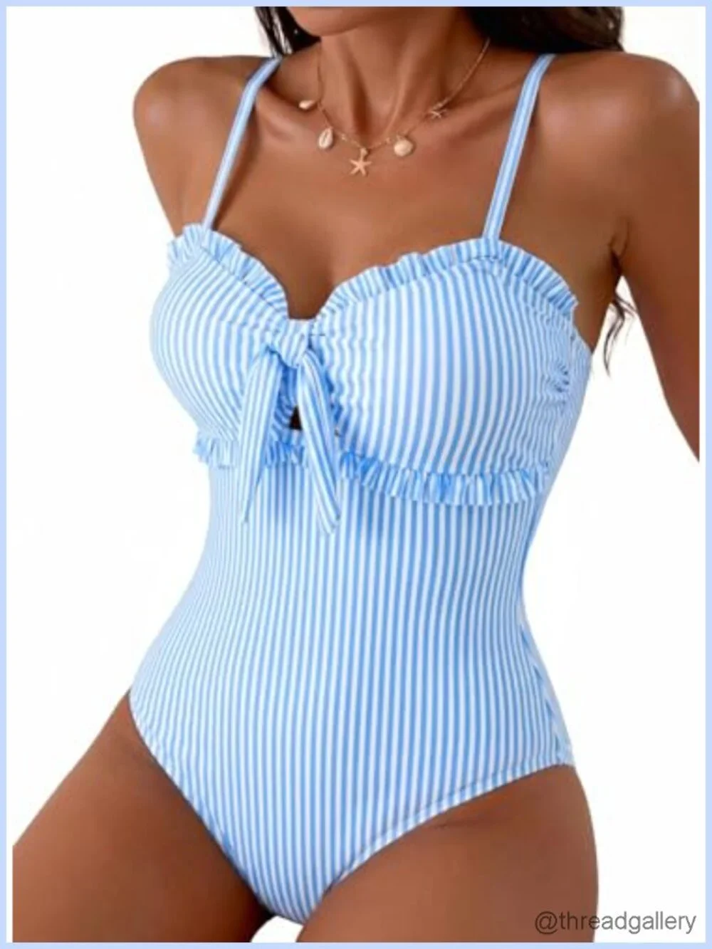 Women's One Piece Swimsuit Knotted Front Ruffle Trim Tummy Control Cutout